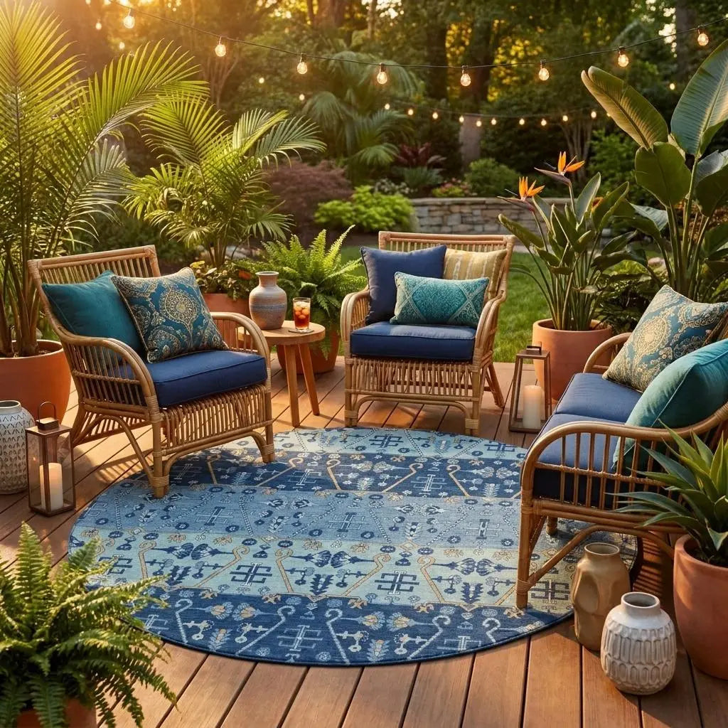 8' Navy Blue And Blue Round Oriental Washable Indoor Outdoor Area Rug Homeroots Outdoor