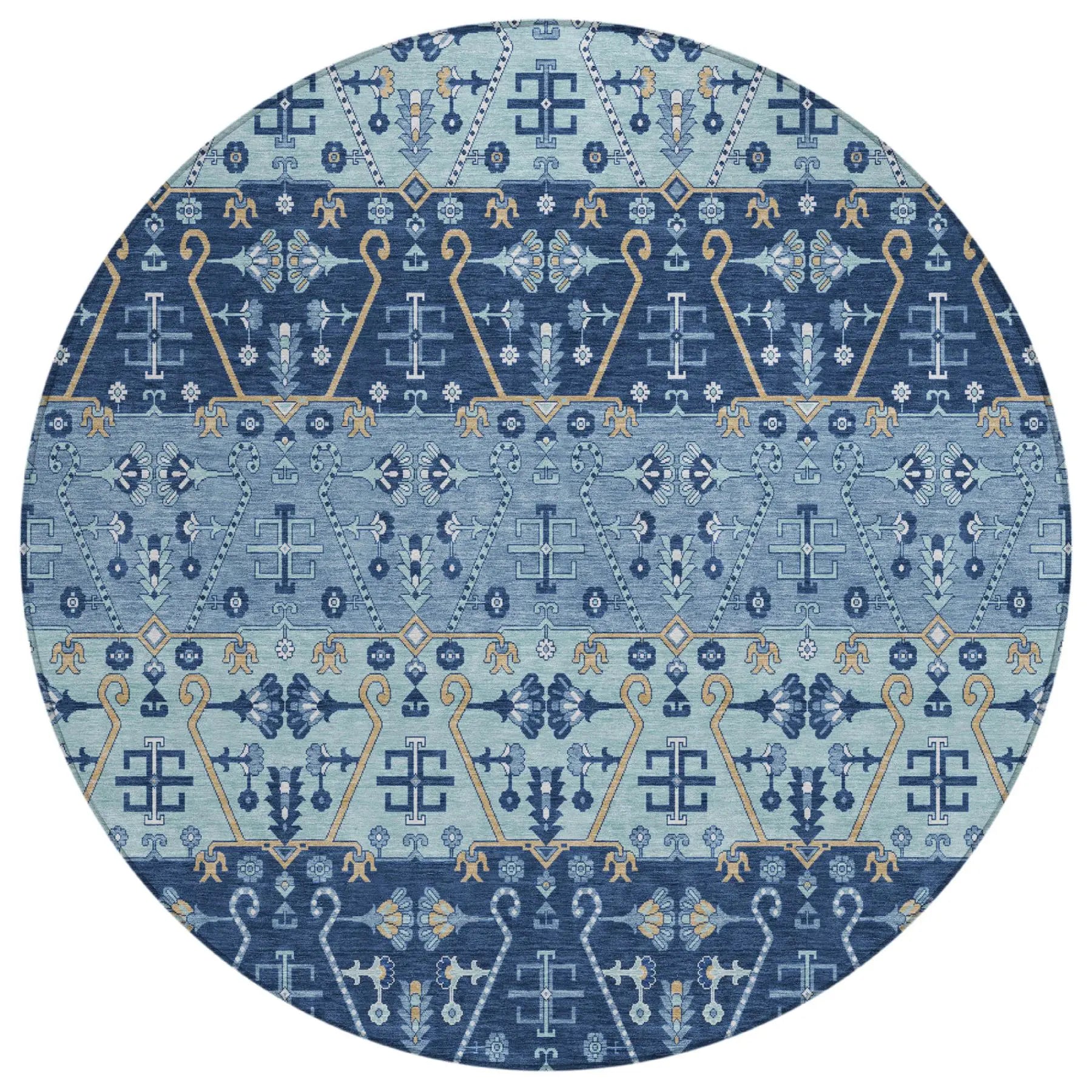 8' Navy Blue And Blue Round Oriental Washable Indoor Outdoor Area Rug Homeroots Outdoor
