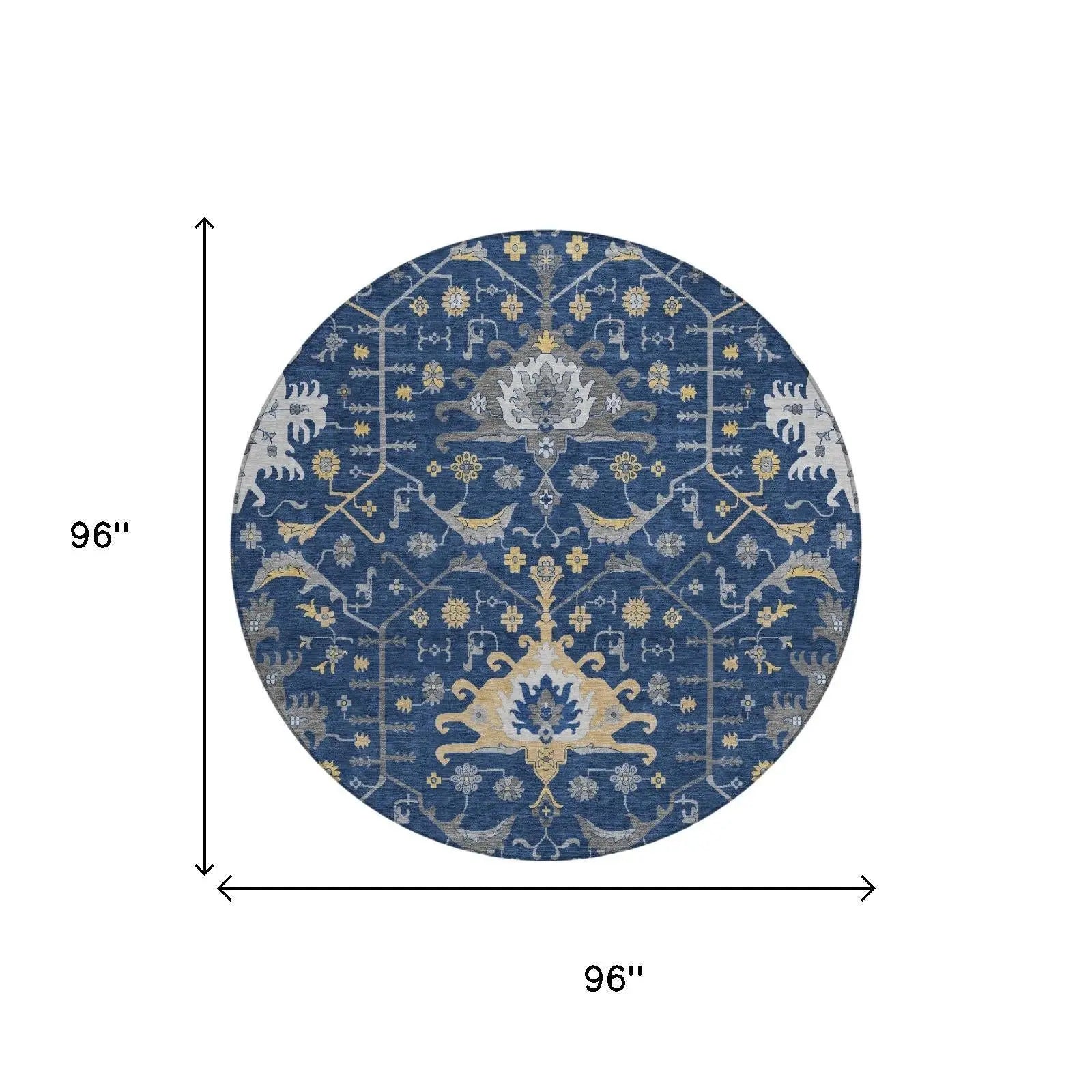 8' Navy Blue And Blue Round Oriental Washable Indoor Outdoor Area Rug Homeroots Outdoor