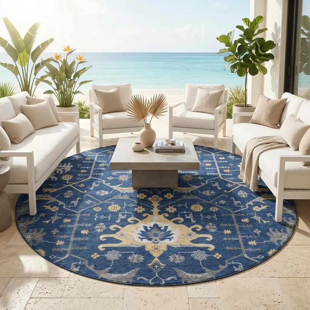 8' Navy Blue And Blue Round Oriental Washable Indoor Outdoor Area Rug Homeroots Outdoor