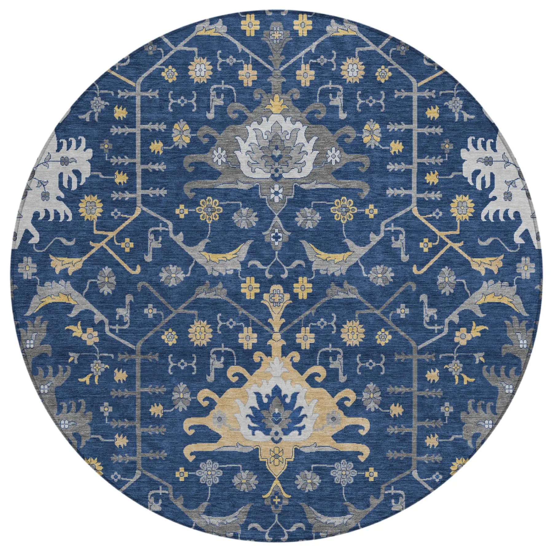 8' Navy Blue And Blue Round Oriental Washable Indoor Outdoor Area Rug Homeroots Outdoor
