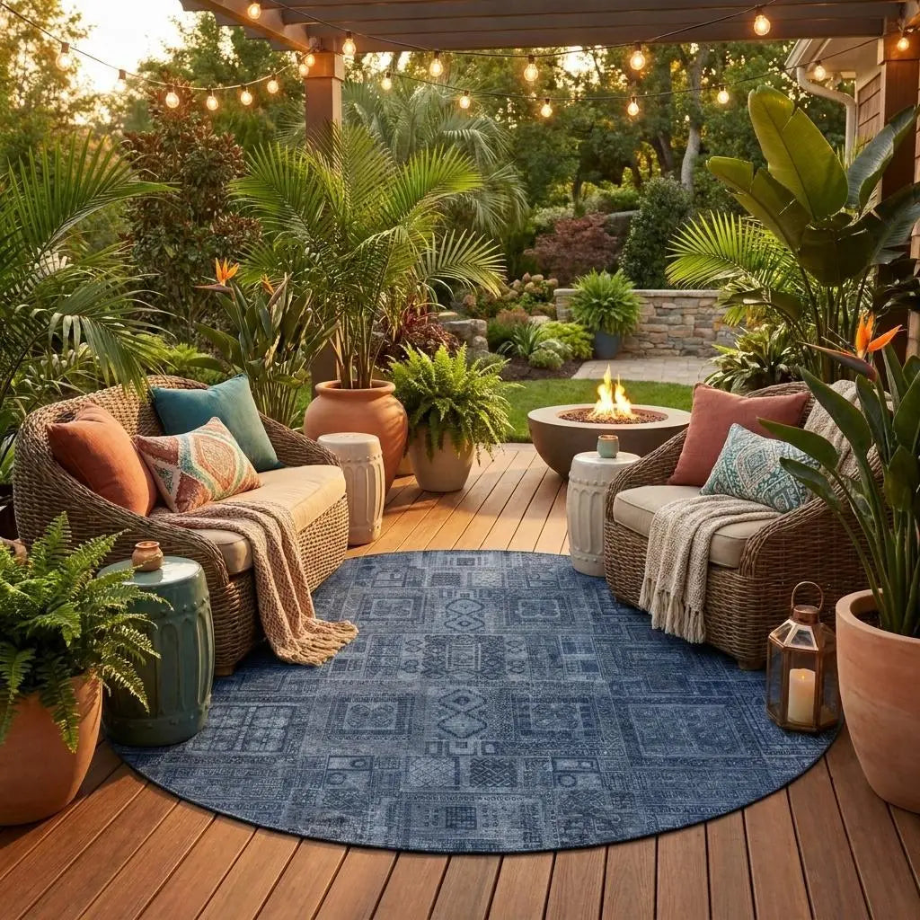 8' Navy Blue And Blue Round Oriental Washable Indoor Outdoor Area Rug Homeroots Outdoor