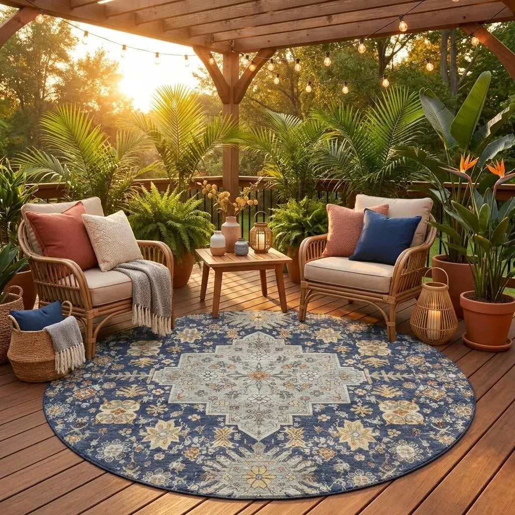 8' Navy Blue And Blue Round Oriental Washable Indoor Outdoor Area Rug Homeroots Outdoor