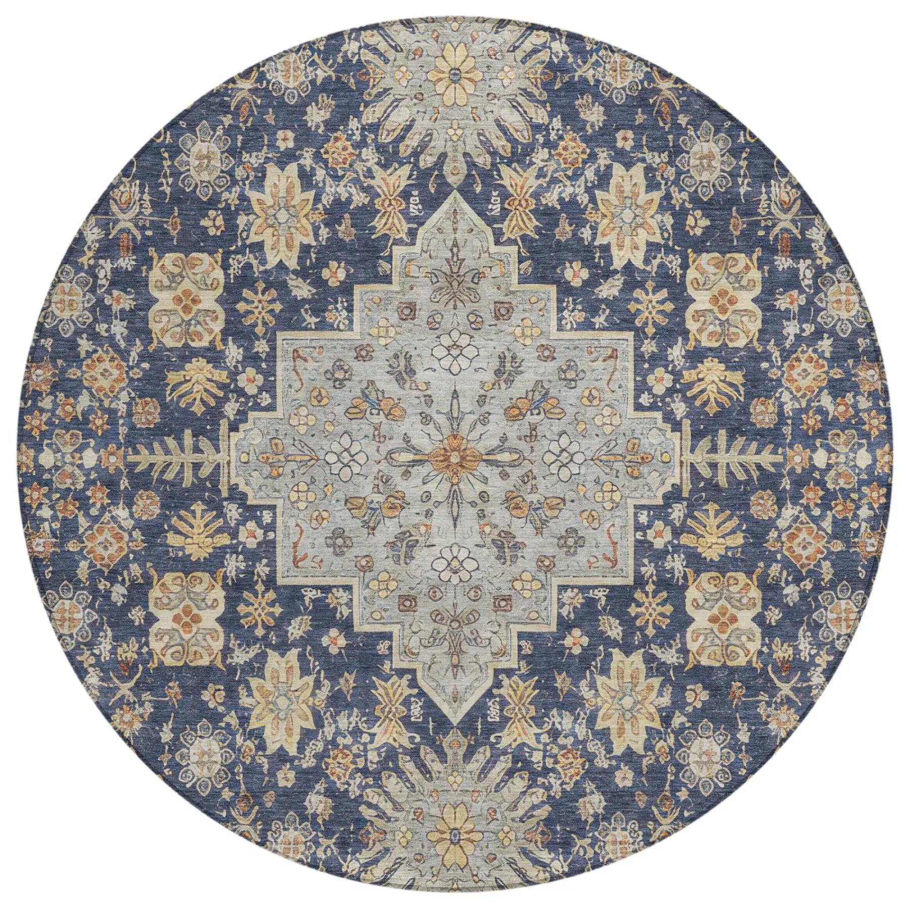 8' Navy Blue And Blue Round Oriental Washable Indoor Outdoor Area Rug Homeroots Outdoor