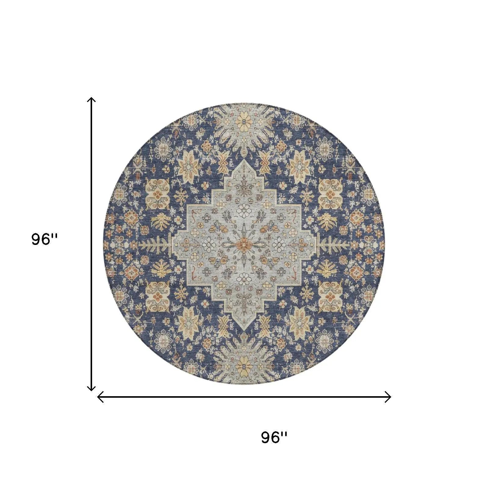 8' Navy Blue And Blue Round Oriental Washable Indoor Outdoor Area Rug Homeroots Outdoor