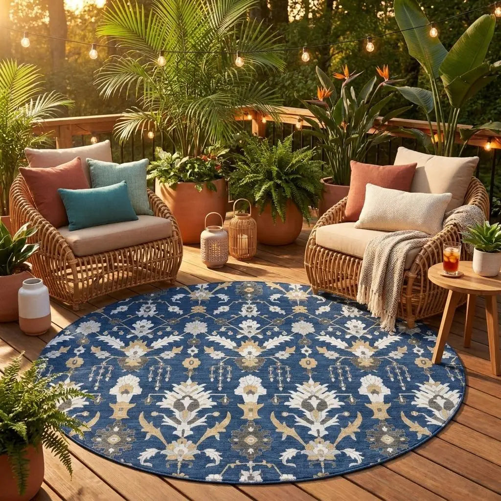8' Navy Blue And Blue Round Oriental Washable Indoor Outdoor Area Rug Homeroots Outdoor