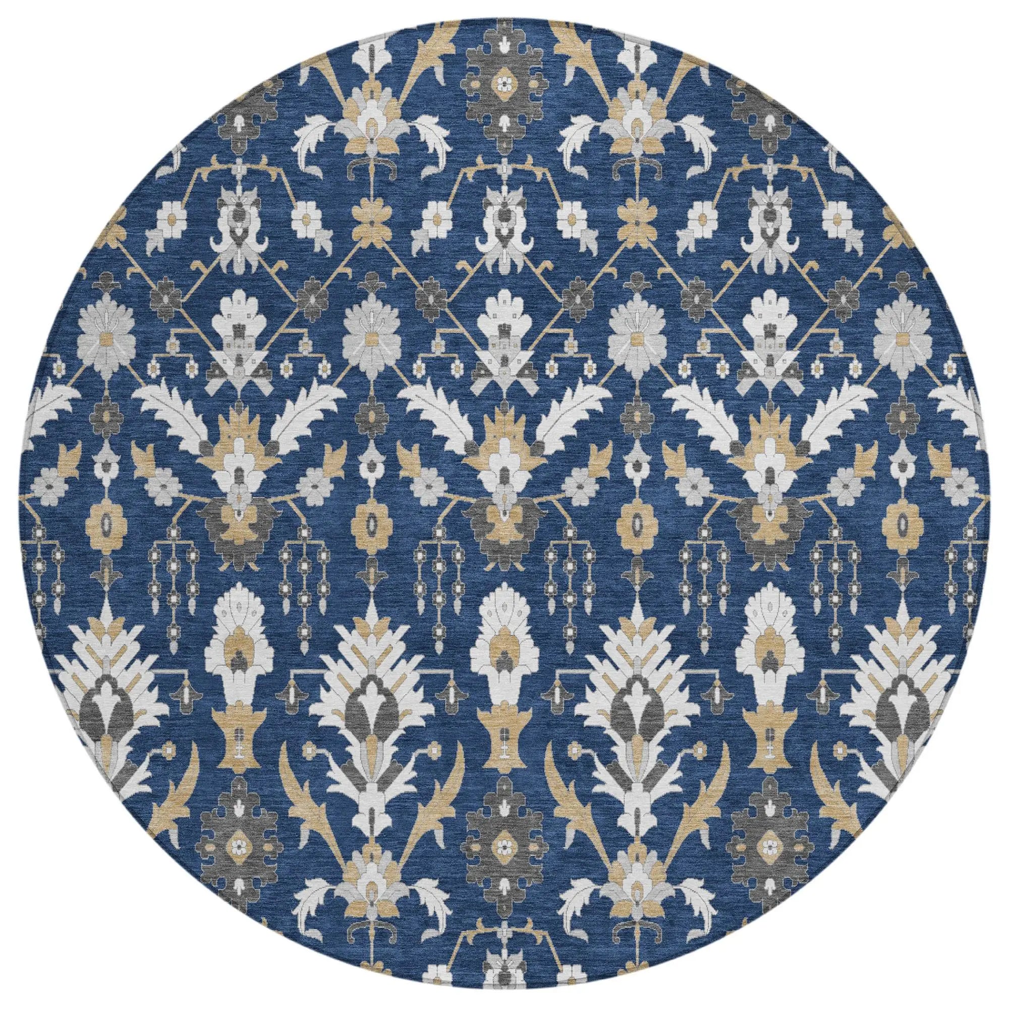 8' Navy Blue And Blue Round Oriental Washable Indoor Outdoor Area Rug Homeroots Outdoor