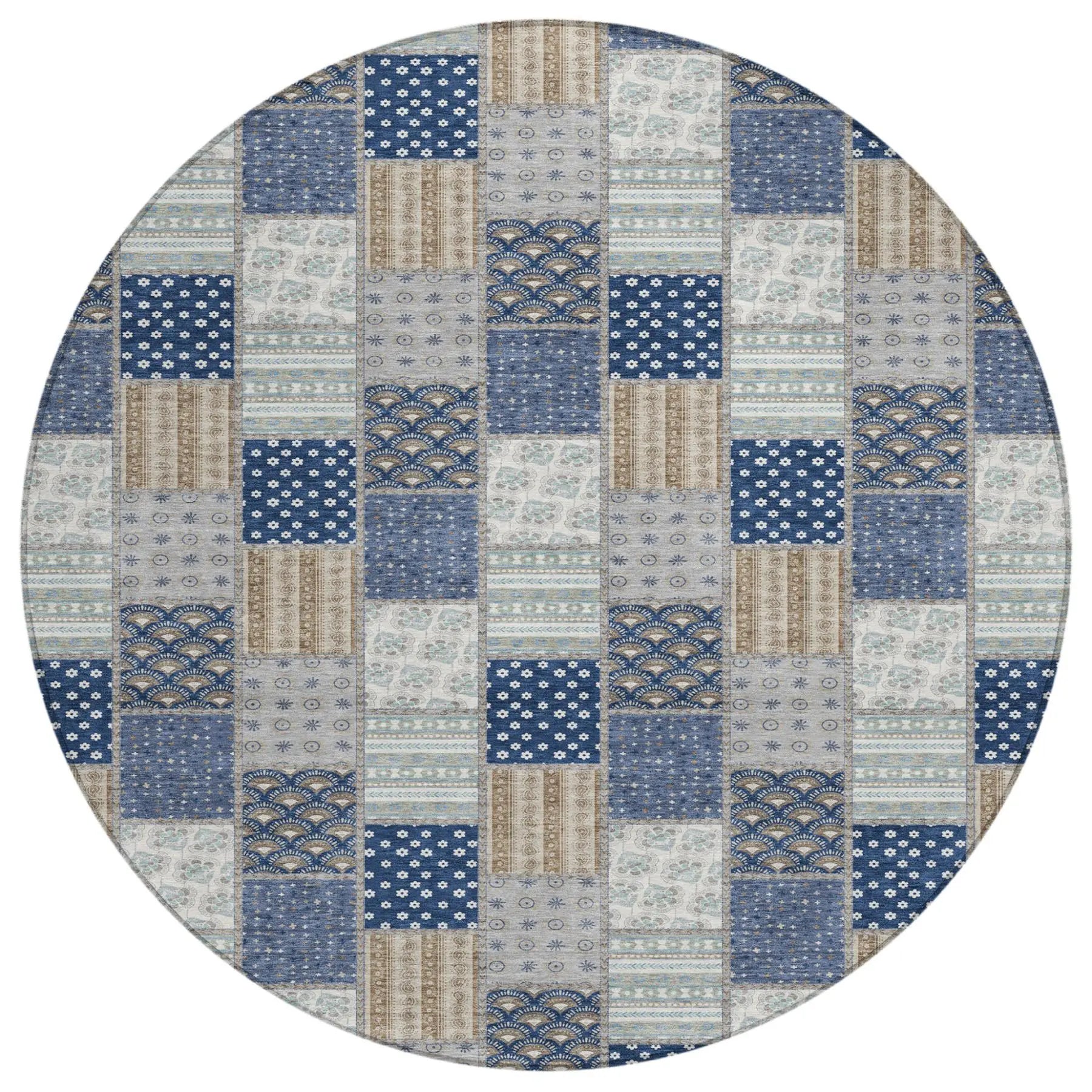 8' Navy Blue And Blue Round Patchwork Washable Indoor Outdoor Area Rug Homeroots Outdoor