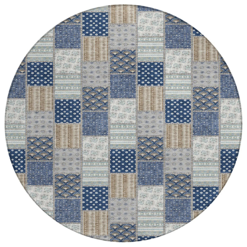 8' Navy Blue And Blue Round Patchwork Washable Indoor Outdoor Area Rug Homeroots Outdoor