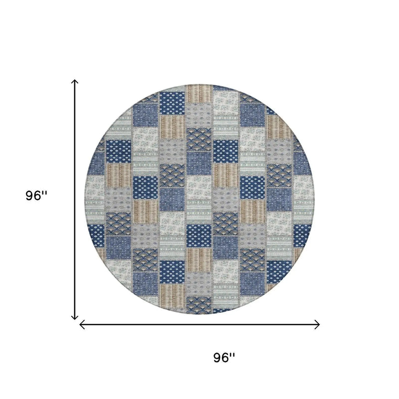 8' Navy Blue And Blue Round Patchwork Washable Indoor Outdoor Area Rug Homeroots Outdoor