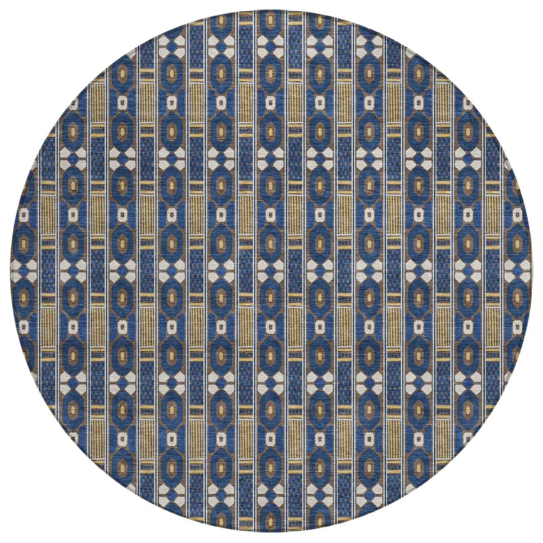 8' Navy Blue And Blue Round Striped Washable Indoor Outdoor Area Rug Homeroots Outdoor