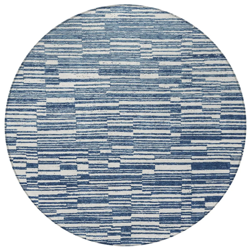 8' Navy Blue And Blue Round Striped Washable Indoor Outdoor Area Rug Homeroots Outdoor