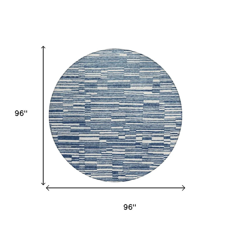 8' Navy Blue And Blue Round Striped Washable Indoor Outdoor Area Rug Homeroots Outdoor