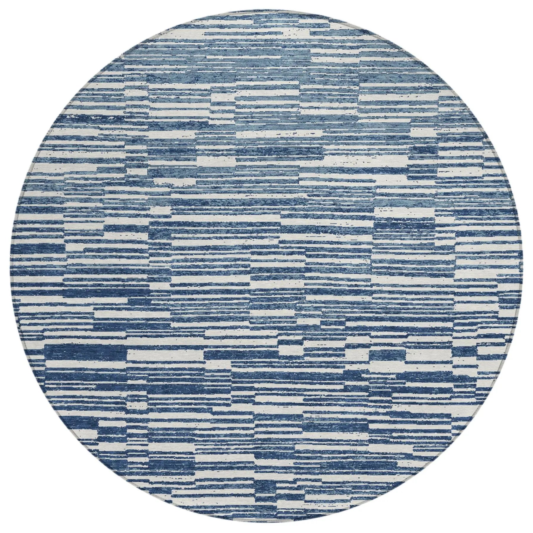 8' Navy Blue And Blue Round Striped Washable Indoor Outdoor Area Rug Homeroots Outdoor