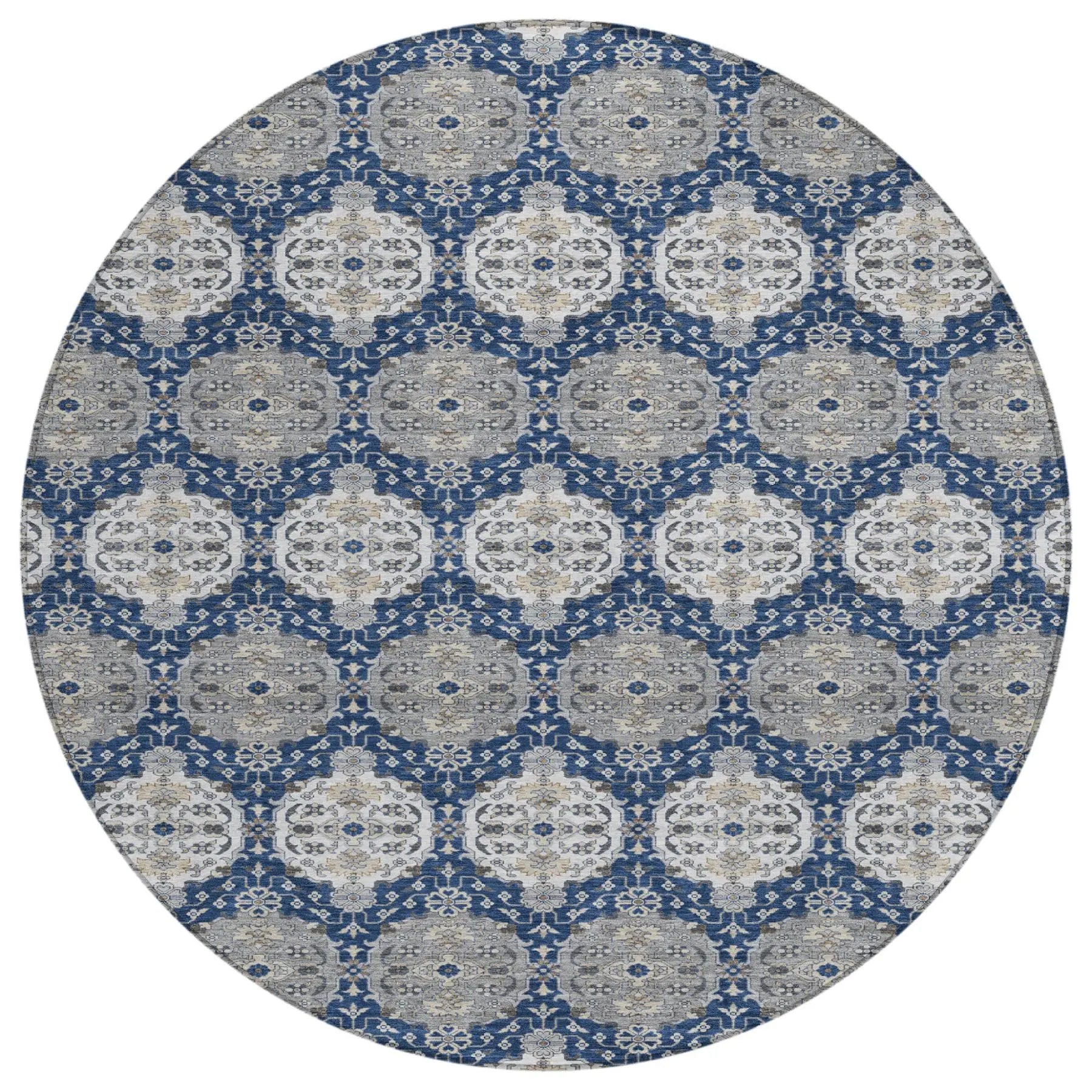 8' Navy Blue And Blue Round Striped Washable Indoor Outdoor Area Rug Homeroots Outdoor