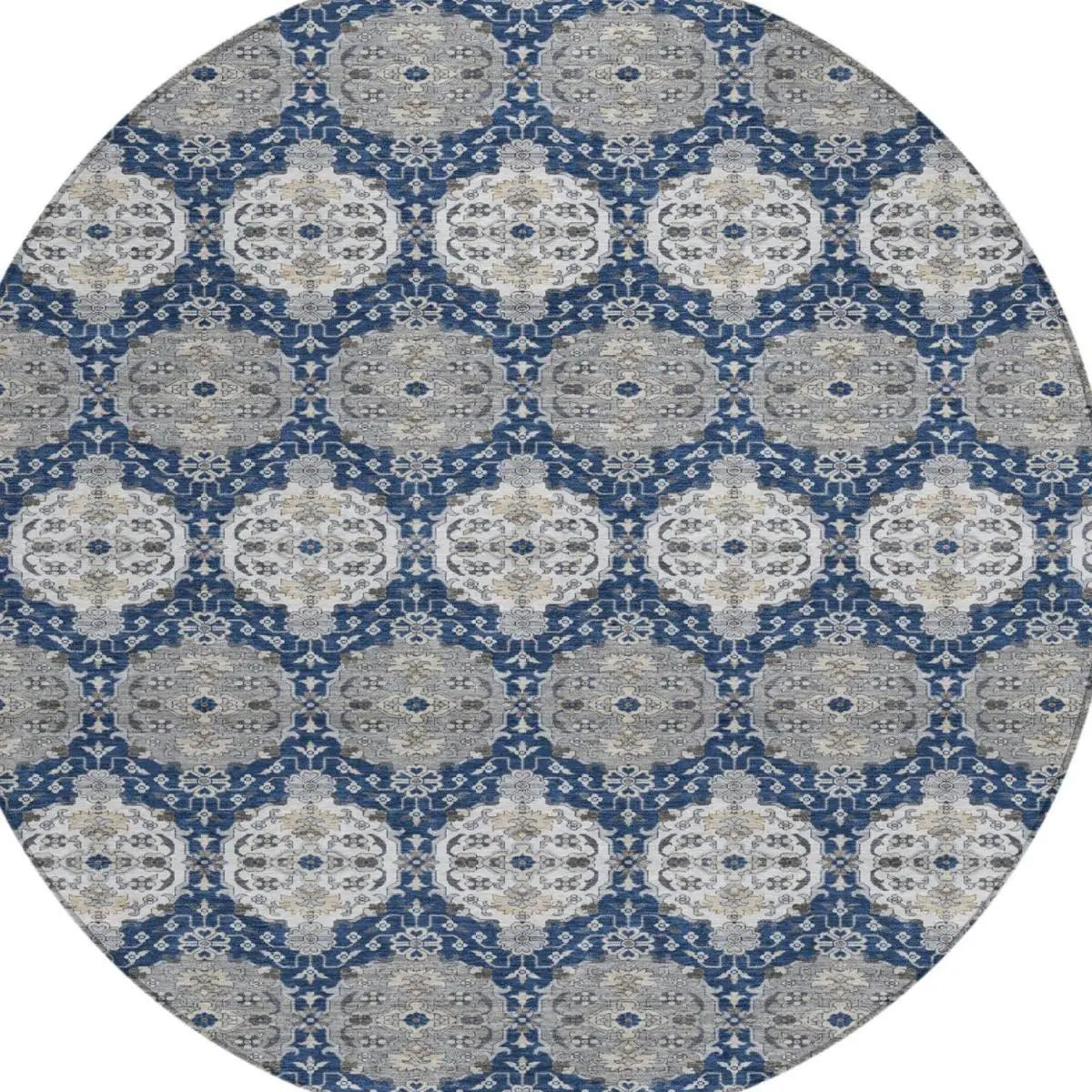 8' Navy Blue And Blue Round Striped Washable Indoor Outdoor Area Rug Homeroots Outdoor
