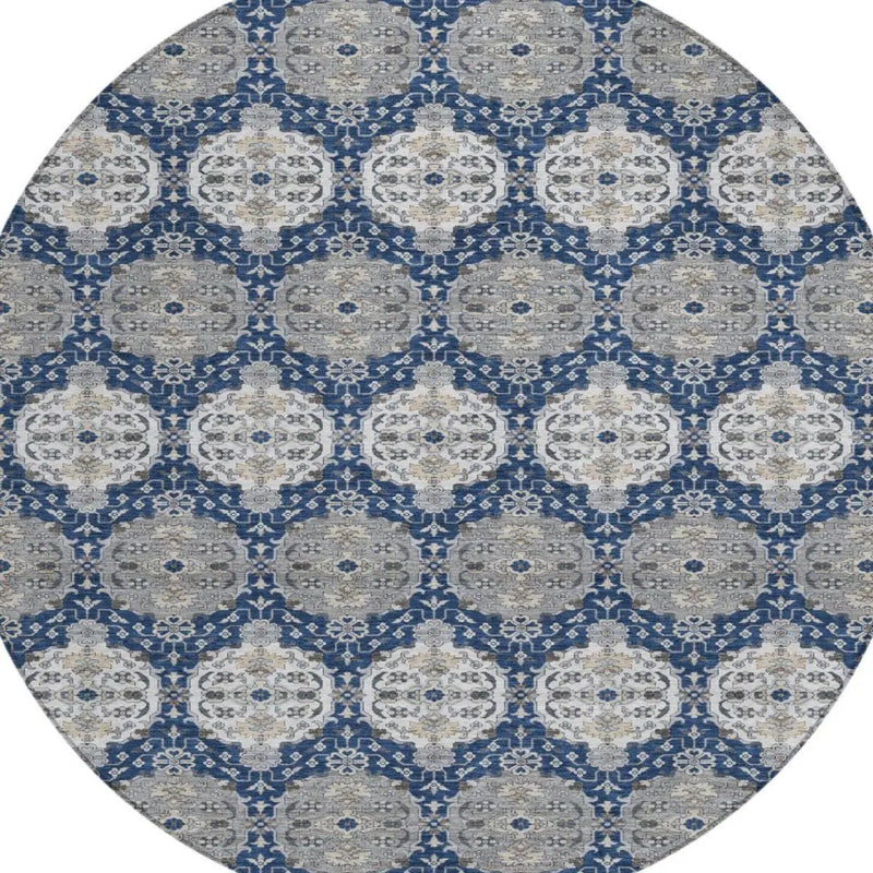 8' Navy Blue And Blue Round Striped Washable Indoor Outdoor Area Rug Homeroots Outdoor