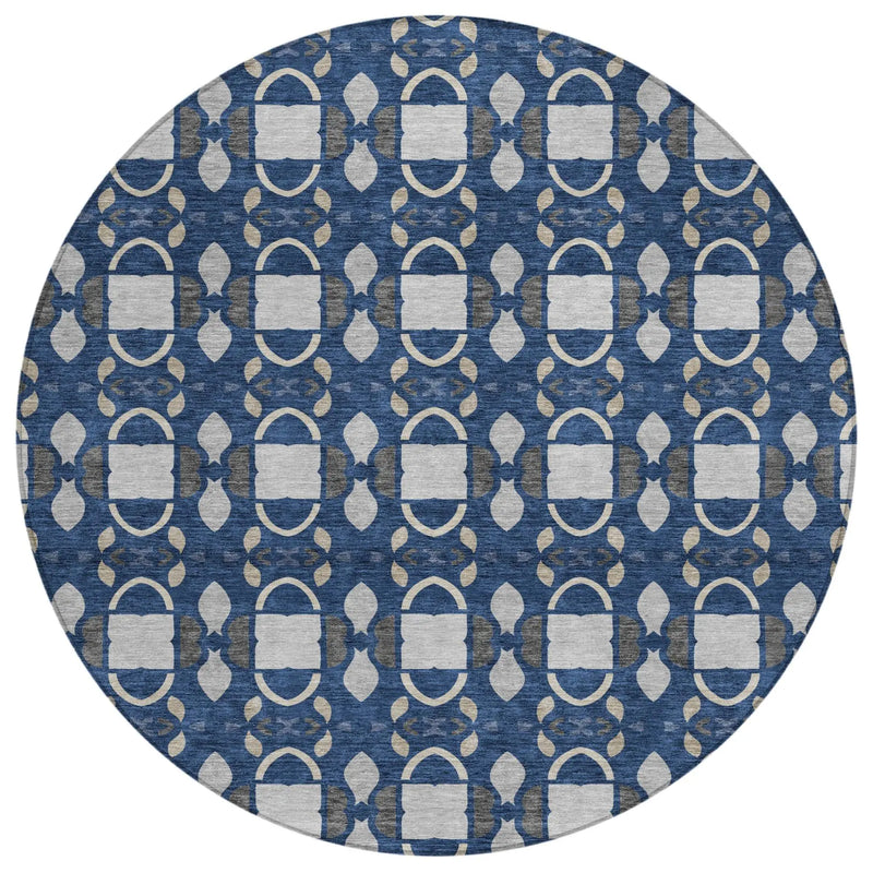 8' Navy Blue And Blue Round Striped Washable Indoor Outdoor Area Rug Homeroots Outdoor