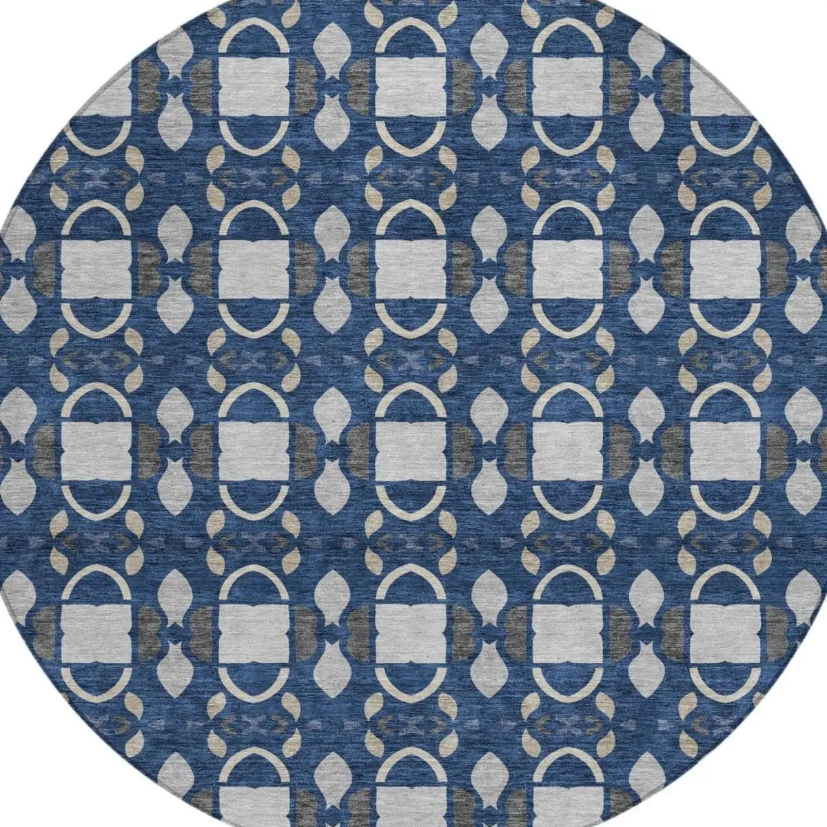 8' Navy Blue And Blue Round Striped Washable Indoor Outdoor Area Rug Homeroots Outdoor