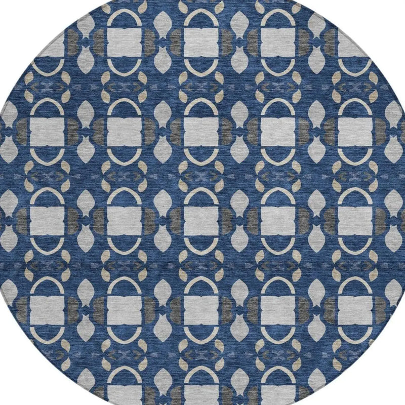 8' Navy Blue And Blue Round Striped Washable Indoor Outdoor Area Rug Homeroots Outdoor