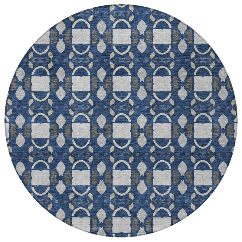 8' Navy Blue And Blue Round Striped Washable Indoor Outdoor Area Rug Homeroots Outdoor