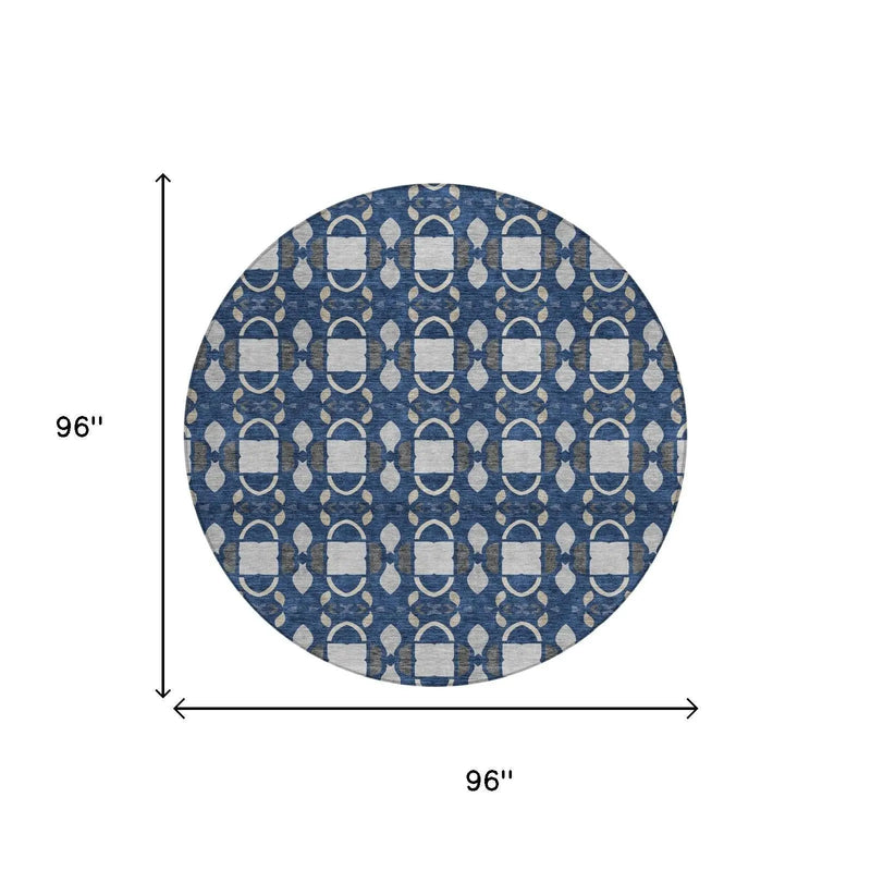 8' Navy Blue And Blue Round Striped Washable Indoor Outdoor Area Rug Homeroots Outdoor