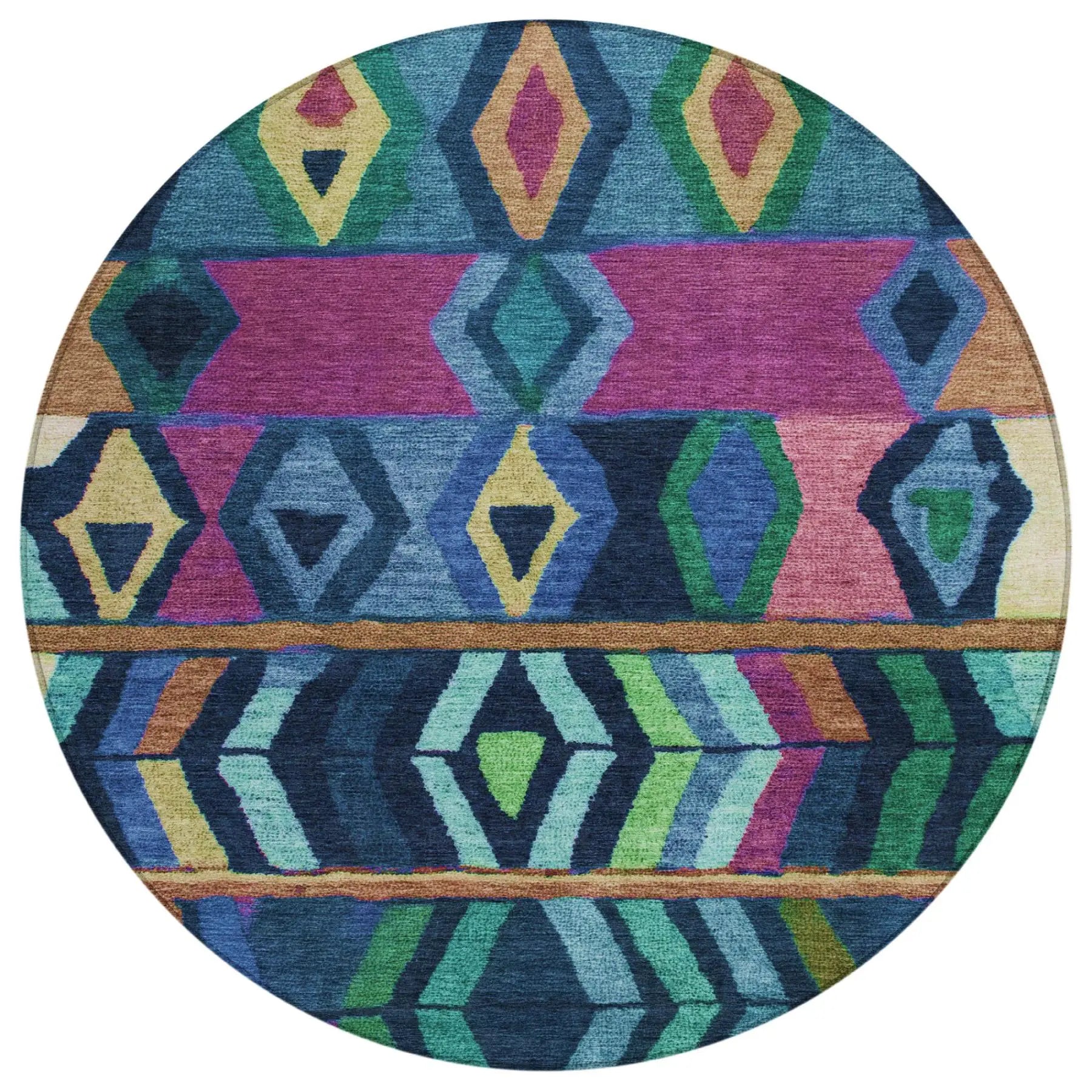 8' Navy Blue And Blue Round Tribal Washable Indoor Outdoor Area Rug Homeroots Outdoor
