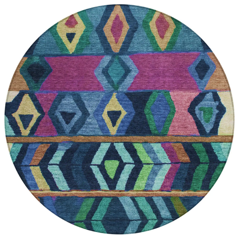 8' Navy Blue And Blue Round Tribal Washable Indoor Outdoor Area Rug Homeroots Outdoor