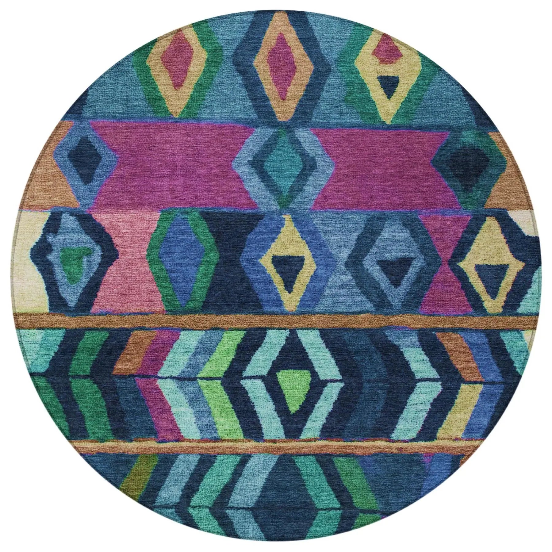 8' Navy Blue And Blue Round Tribal Washable Indoor Outdoor Area Rug Homeroots Outdoor