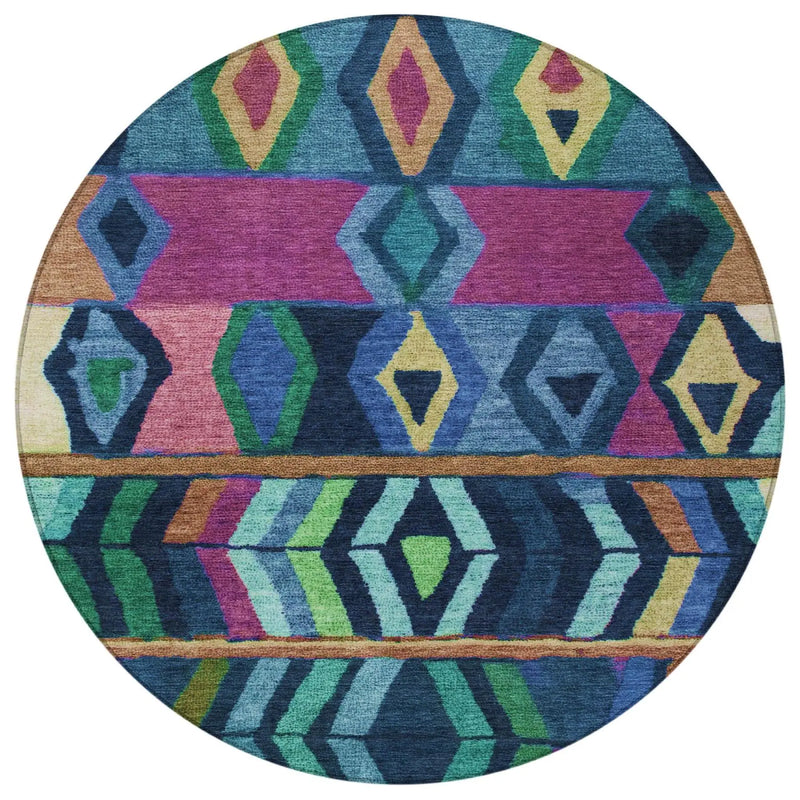 8' Navy Blue And Blue Round Tribal Washable Indoor Outdoor Area Rug Homeroots Outdoor