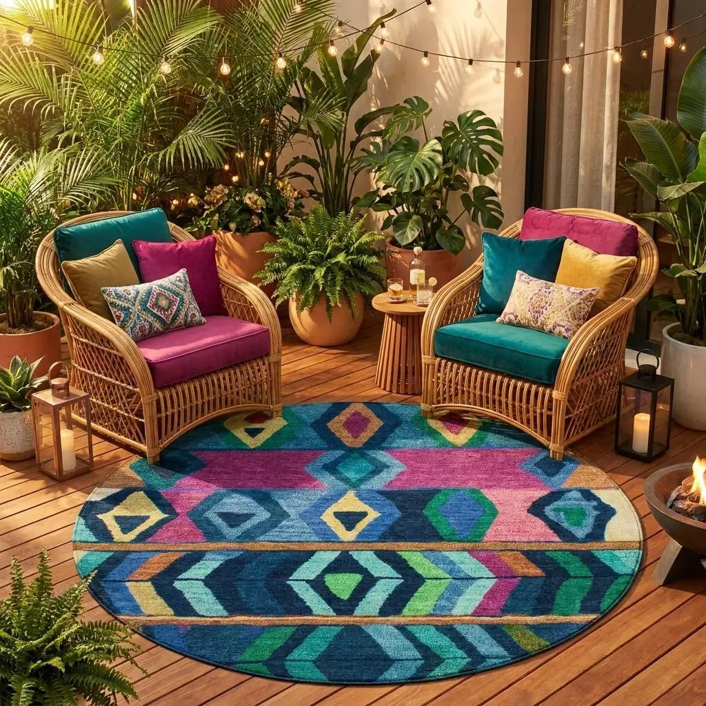 8' Navy Blue And Blue Round Tribal Washable Indoor Outdoor Area Rug Homeroots Outdoor