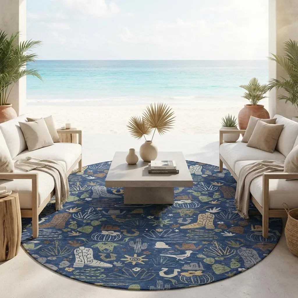 8' Navy Blue And Brown Round Cactus Washable Indoor Outdoor Area Rug Homeroots Outdoor