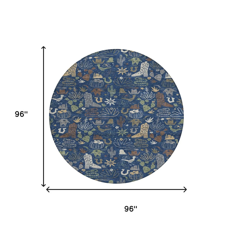 8' Navy Blue And Brown Round Cactus Washable Indoor Outdoor Area Rug Homeroots Outdoor