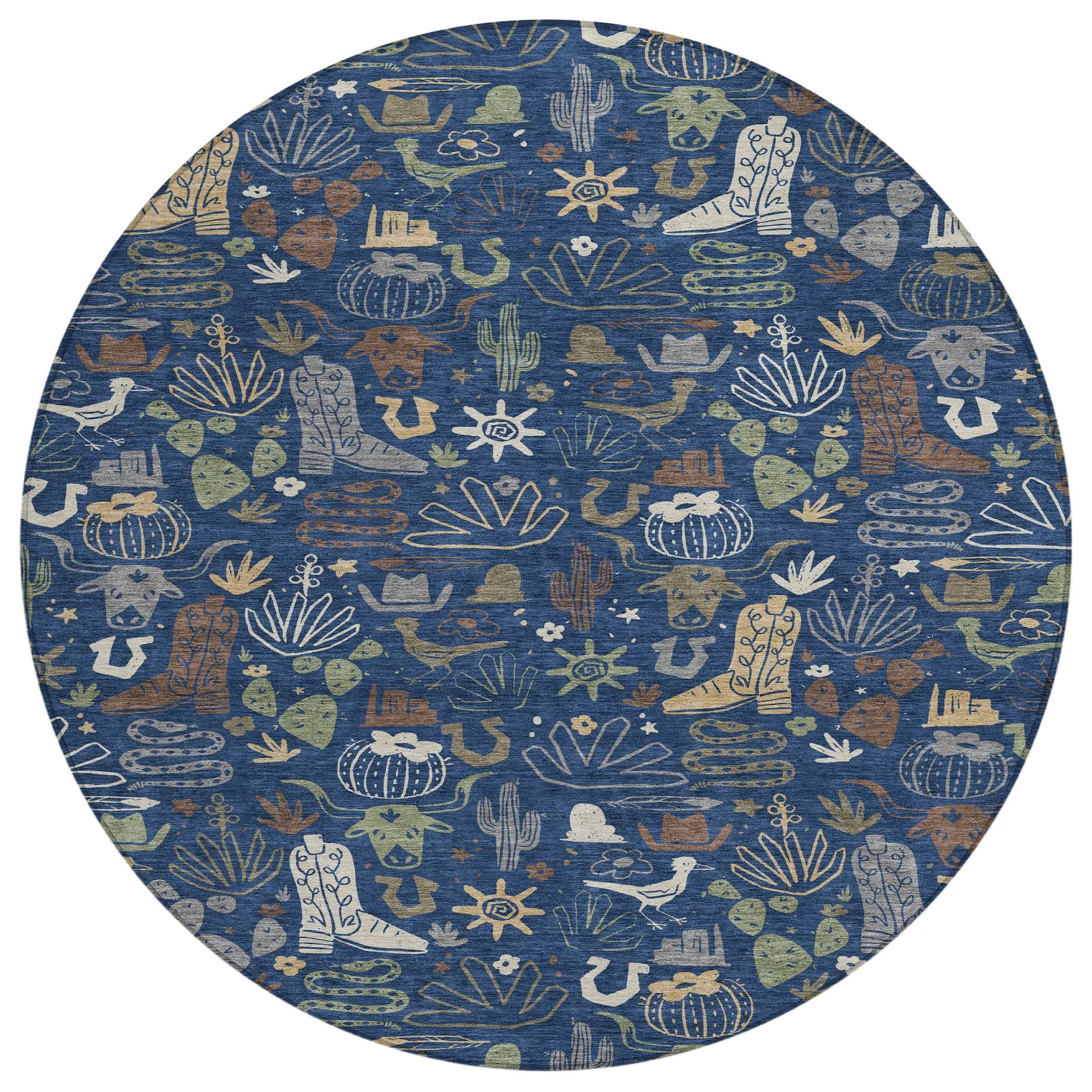 8' Navy Blue And Brown Round Cactus Washable Indoor Outdoor Area Rug Homeroots Outdoor