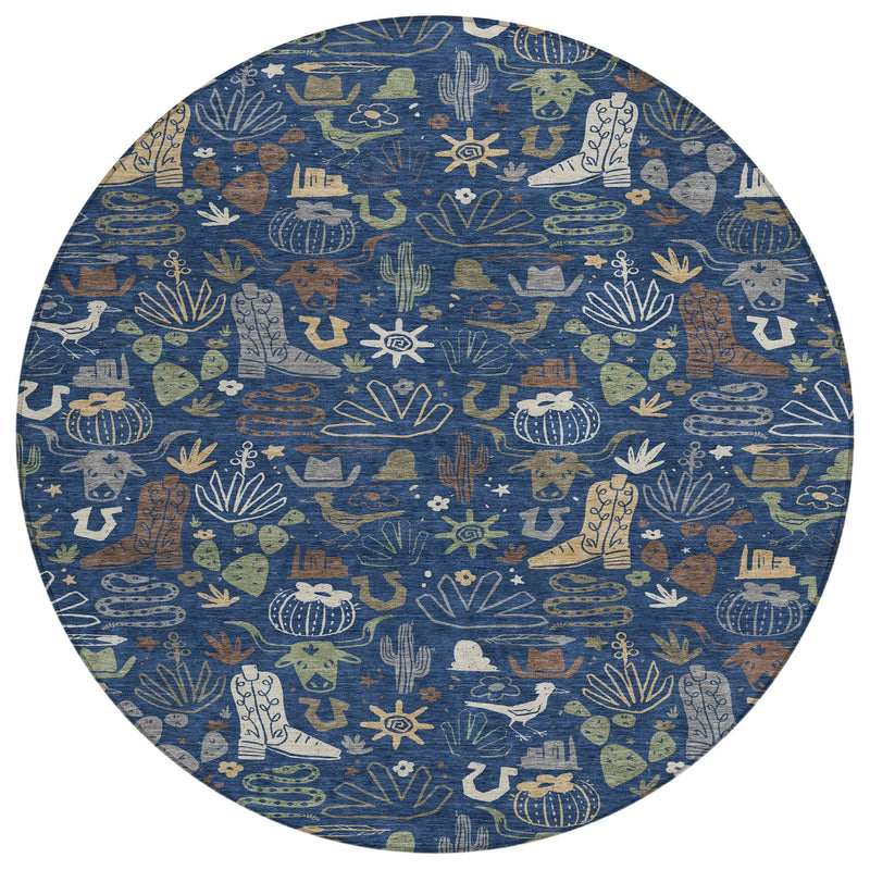 8' Navy Blue And Brown Round Cactus Washable Indoor Outdoor Area Rug Homeroots Outdoor
