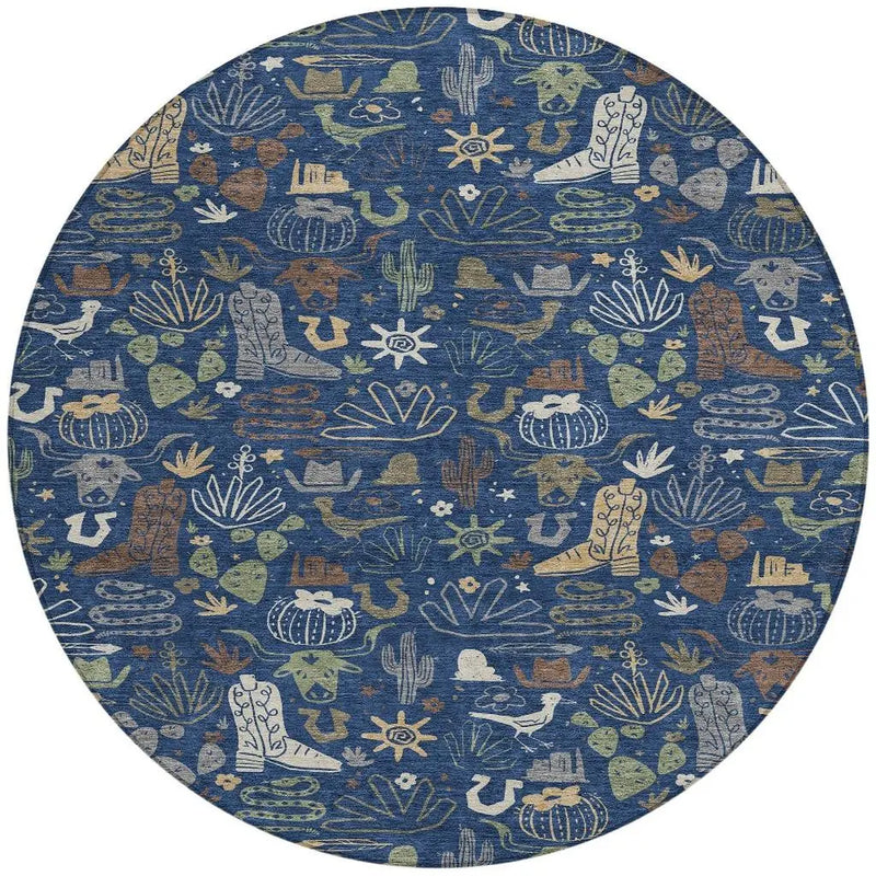 8' Navy Blue And Brown Round Cactus Washable Indoor Outdoor Area Rug Homeroots Outdoor