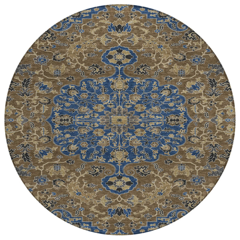 8' Navy Blue And Brown Round Floral Medallion Washable Indoor Outdoor Area Rug Homeroots Outdoor