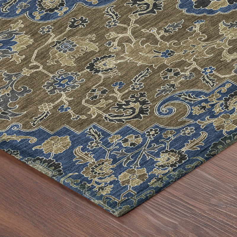 8' Navy Blue And Brown Round Floral Medallion Washable Indoor Outdoor Area Rug Homeroots Outdoor