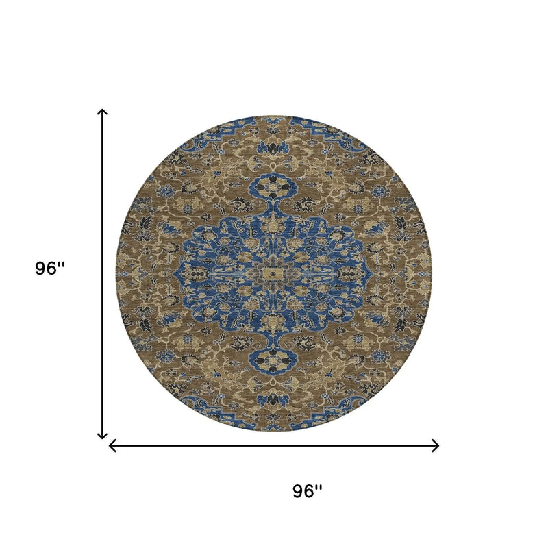 8' Navy Blue And Brown Round Floral Medallion Washable Indoor Outdoor Area Rug Homeroots Outdoor