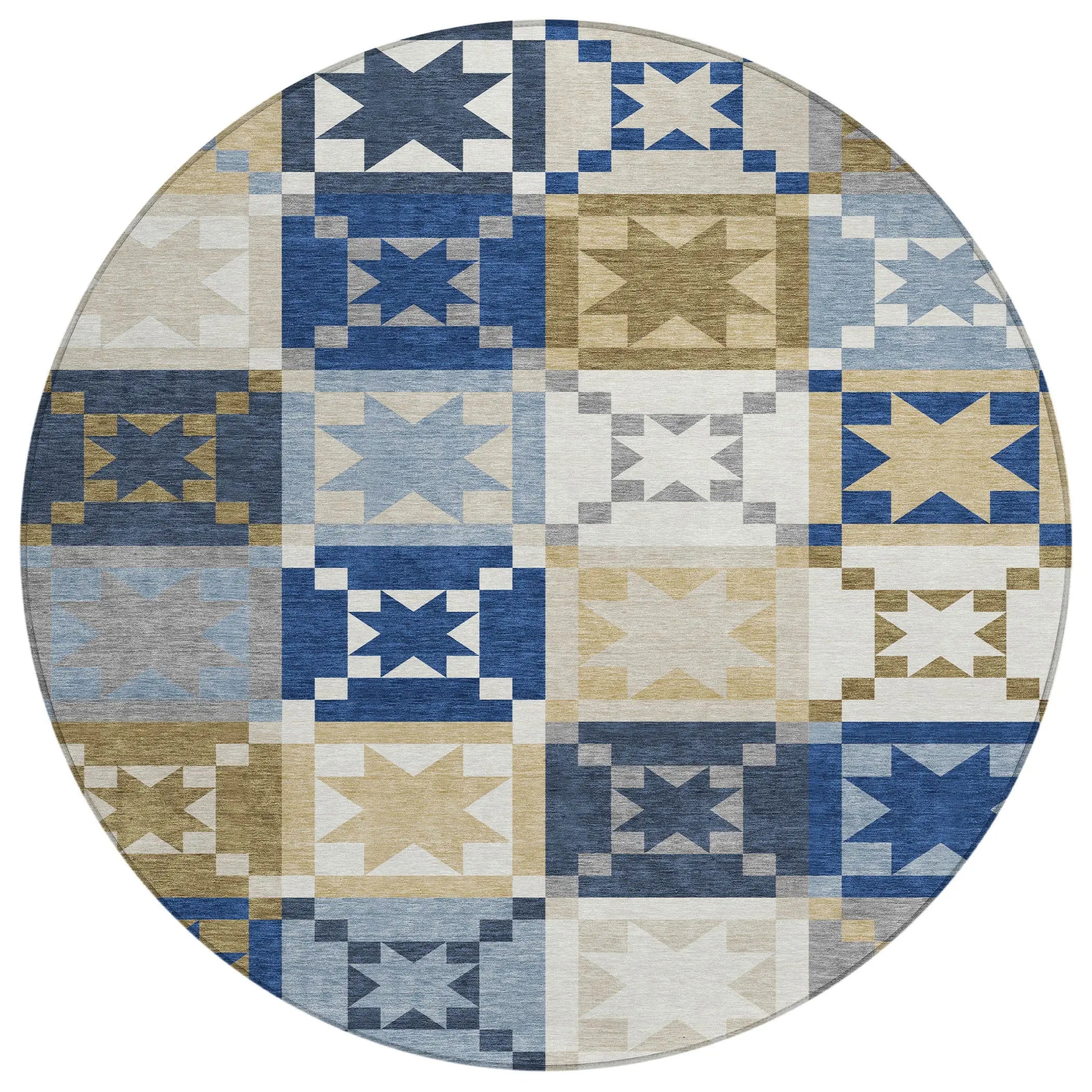 8' Navy Blue And Brown Round Patchwork Washable Indoor Outdoor Area Rug Homeroots Outdoor