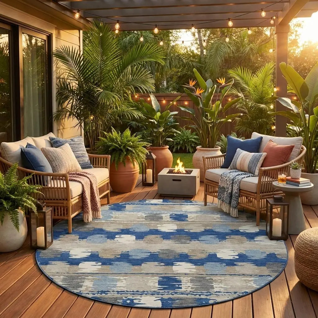 8' Navy Blue And Charcoal Round Abstract Washable Indoor Outdoor Area Rug Homeroots Outdoor