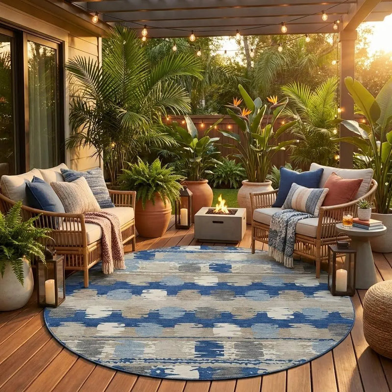 8' Navy Blue And Charcoal Round Abstract Washable Indoor Outdoor Area Rug Homeroots Outdoor