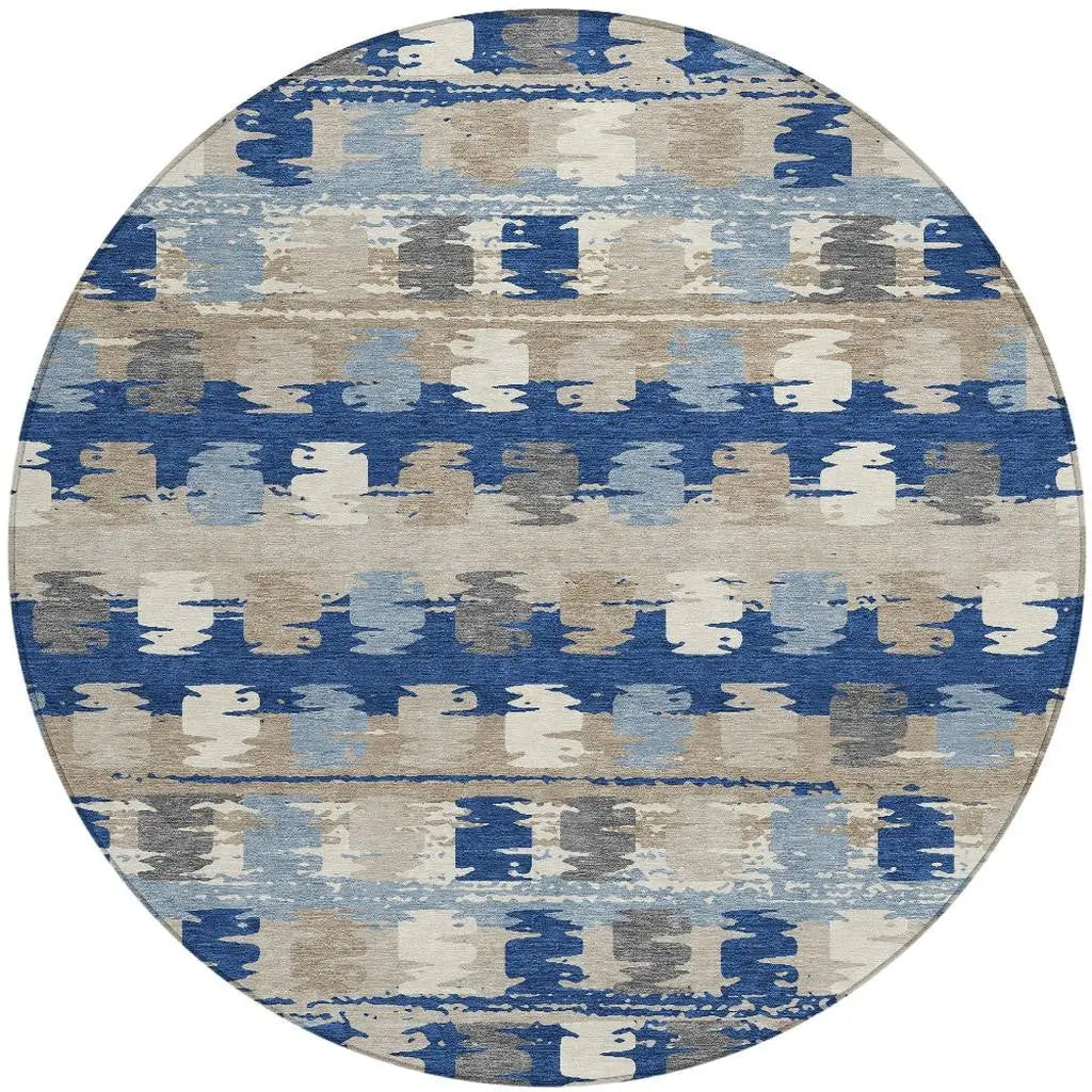 8' Navy Blue And Charcoal Round Abstract Washable Indoor Outdoor Area Rug Homeroots Outdoor