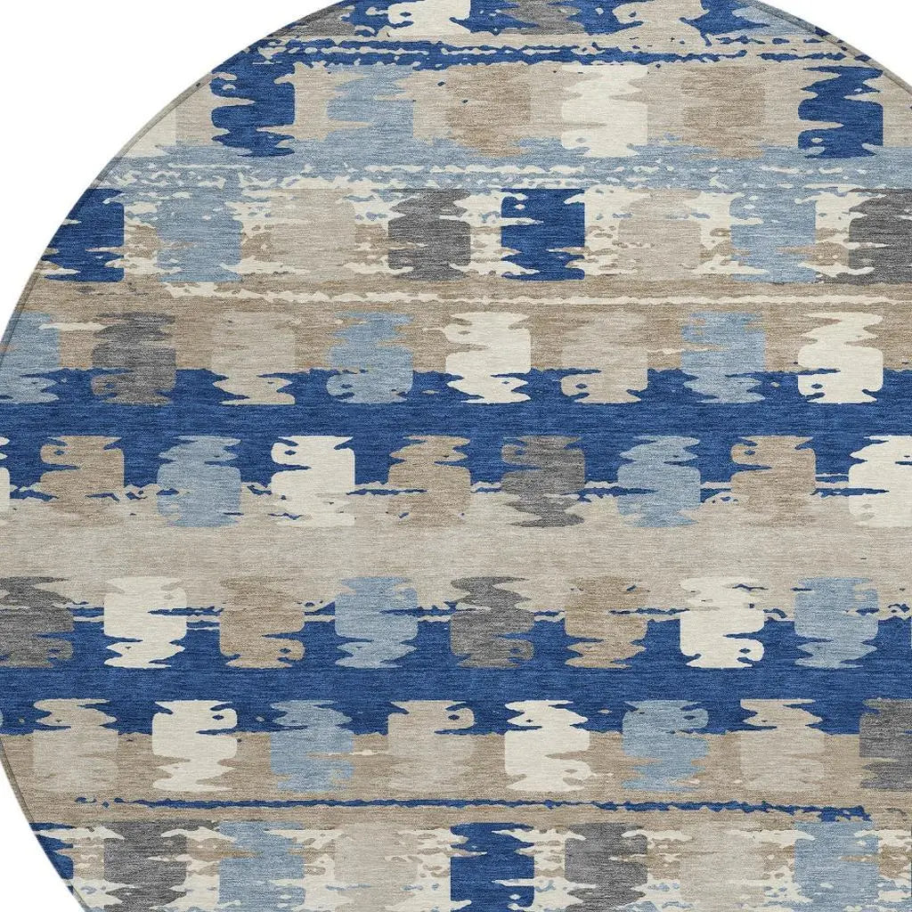 8' Navy Blue And Charcoal Round Abstract Washable Indoor Outdoor Area Rug Homeroots Outdoor
