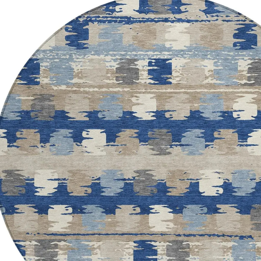 8' Navy Blue And Charcoal Round Abstract Washable Indoor Outdoor Area Rug Homeroots Outdoor