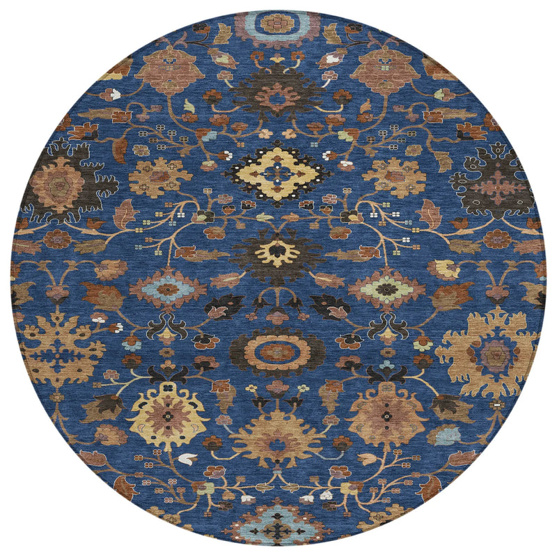 8' Navy Blue And Copper Round Floral Medallion Washable Indoor Outdoor Area Rug Homeroots Outdoor