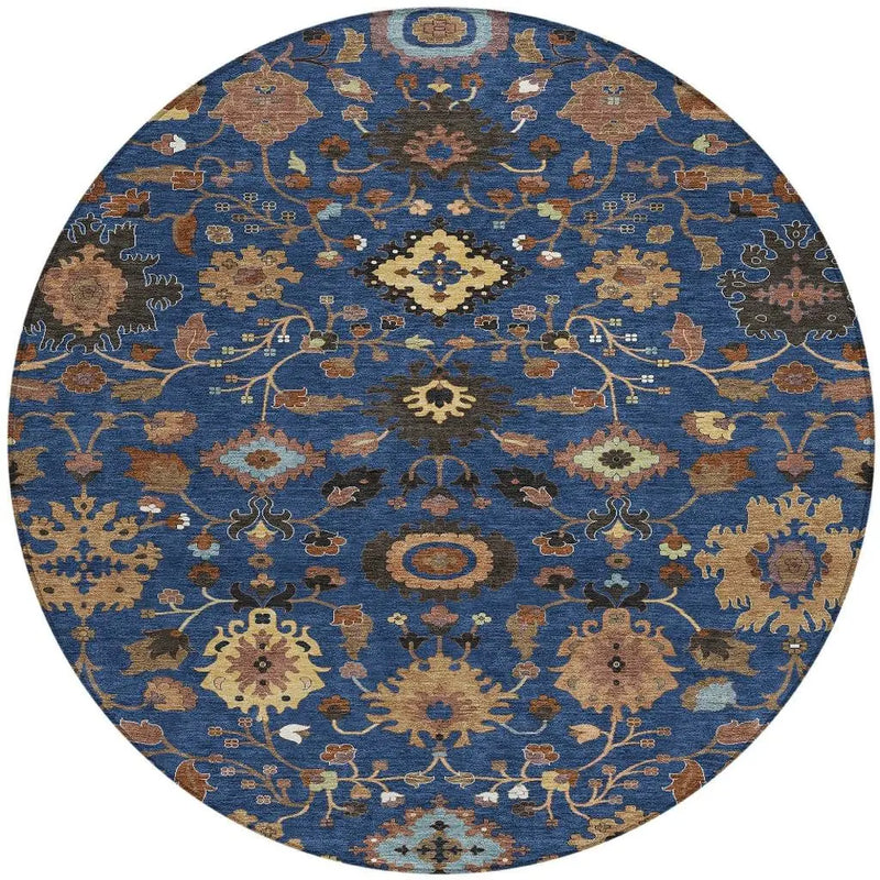8' Navy Blue And Copper Round Floral Medallion Washable Indoor Outdoor Area Rug Homeroots Outdoor