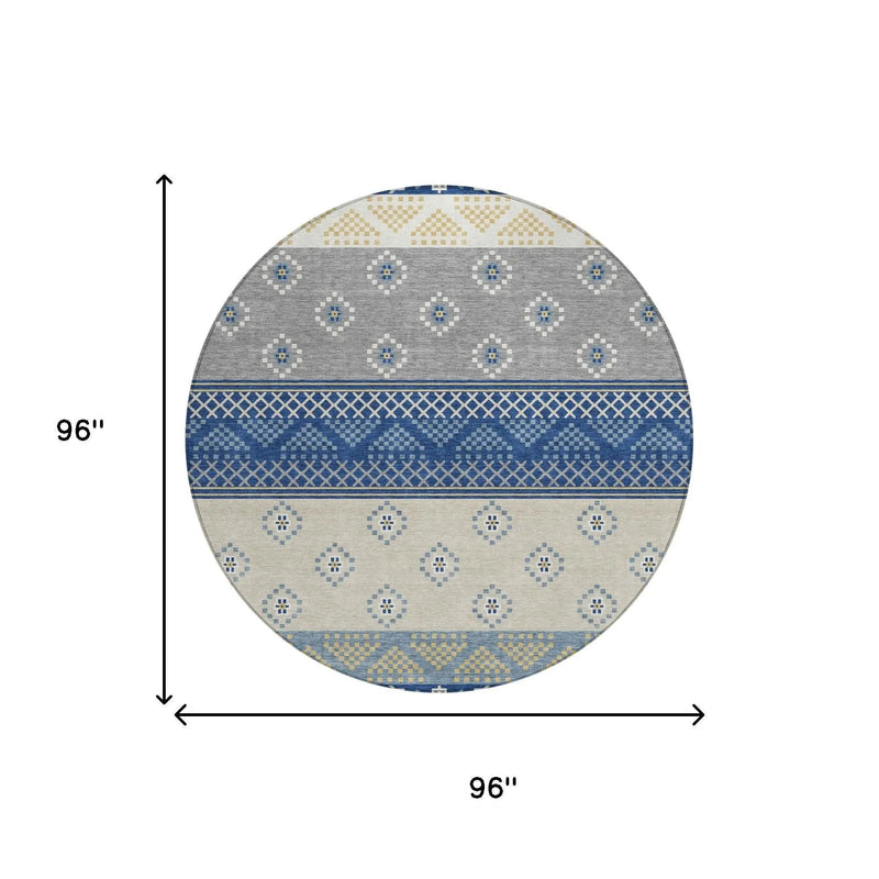 8' Navy Blue And Copper Round Striped Washable Indoor Outdoor Area Rug Homeroots Outdoor