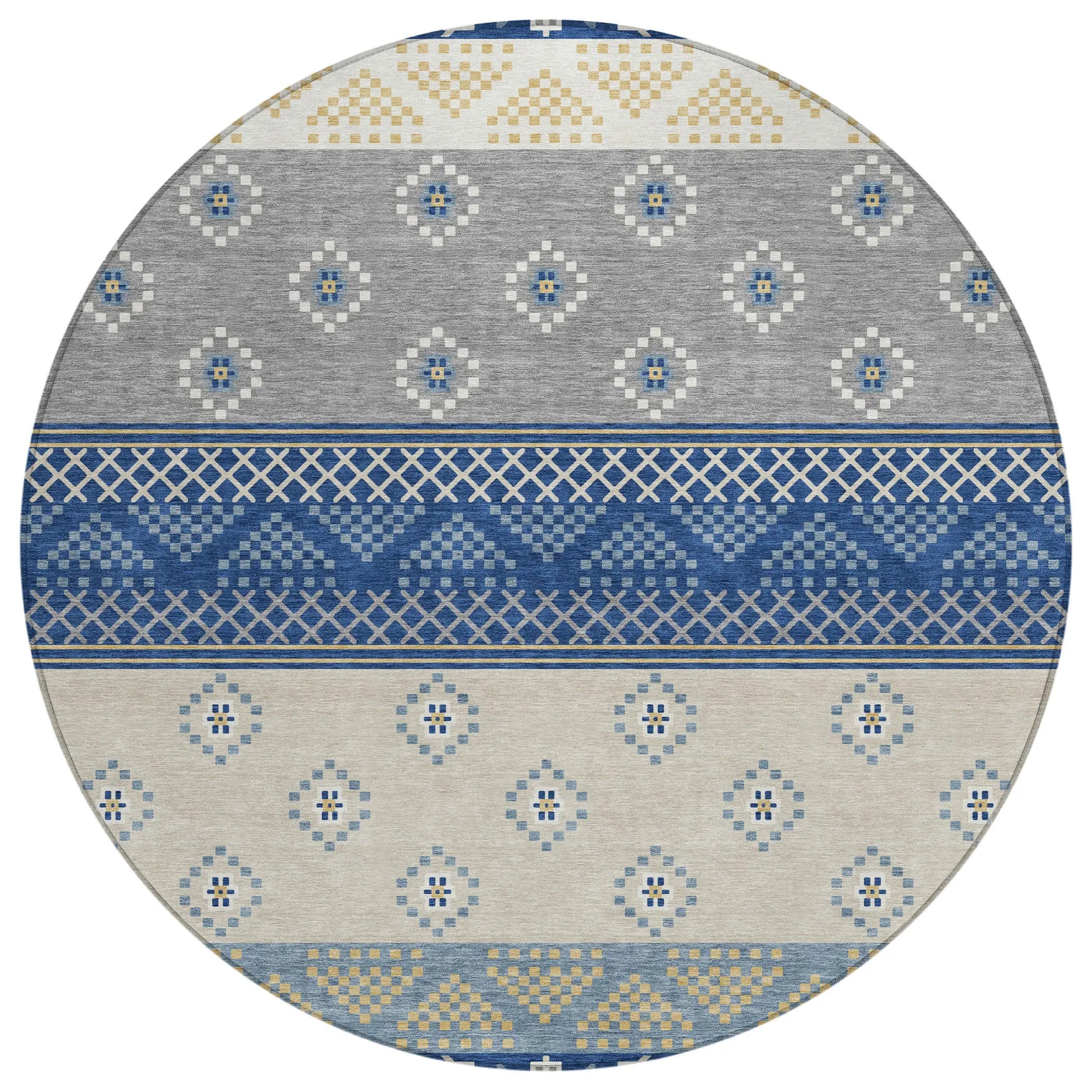 8' Navy Blue And Copper Round Striped Washable Indoor Outdoor Area Rug Homeroots Outdoor