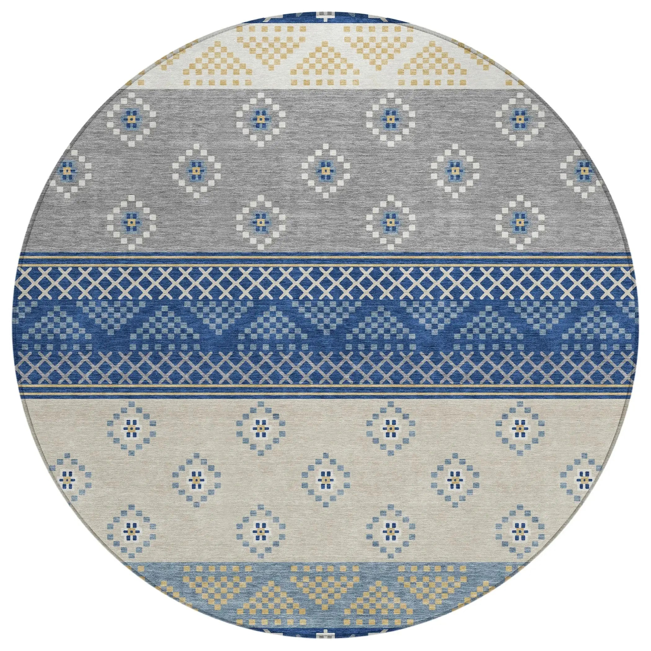 8' Navy Blue And Copper Round Striped Washable Indoor Outdoor Area Rug Homeroots Outdoor